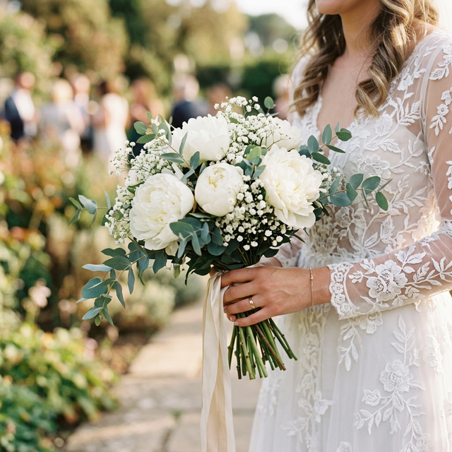 Ślubna wiązanka z piwonii i eukaliptusa