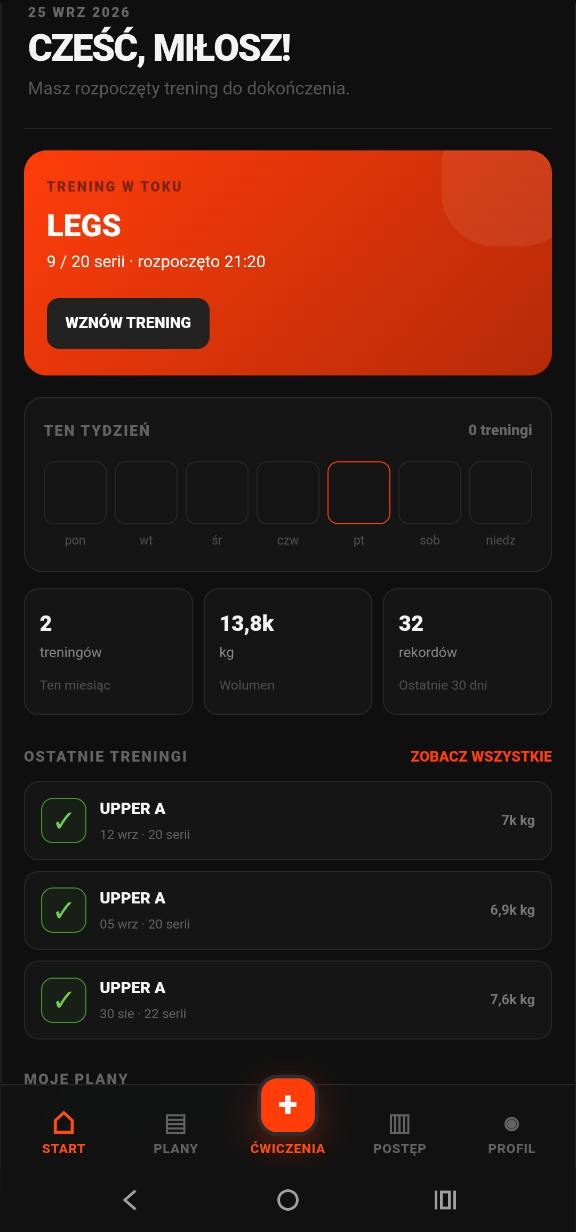 GymPlans – ekran startowy z aktywnym treningiem